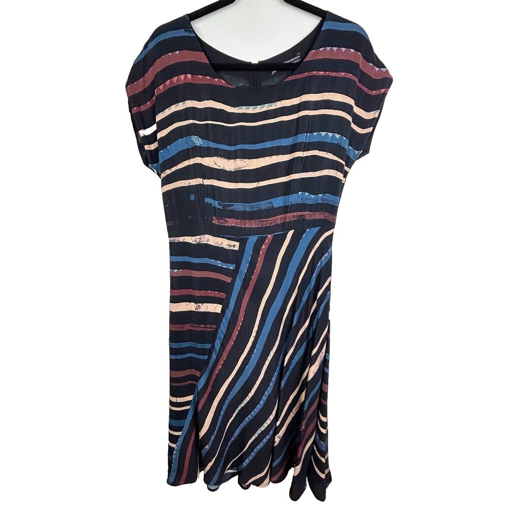 NWT Peruvian Connection Atelier Dress 100% Silk Cap Sleeves Black Multi Stripe 6
